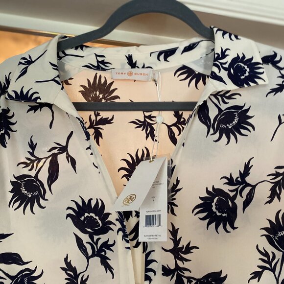 NWT Tory Burch 100% silk Navy & White Floral Jumpsuit Size 6 - Picture 10 of 14